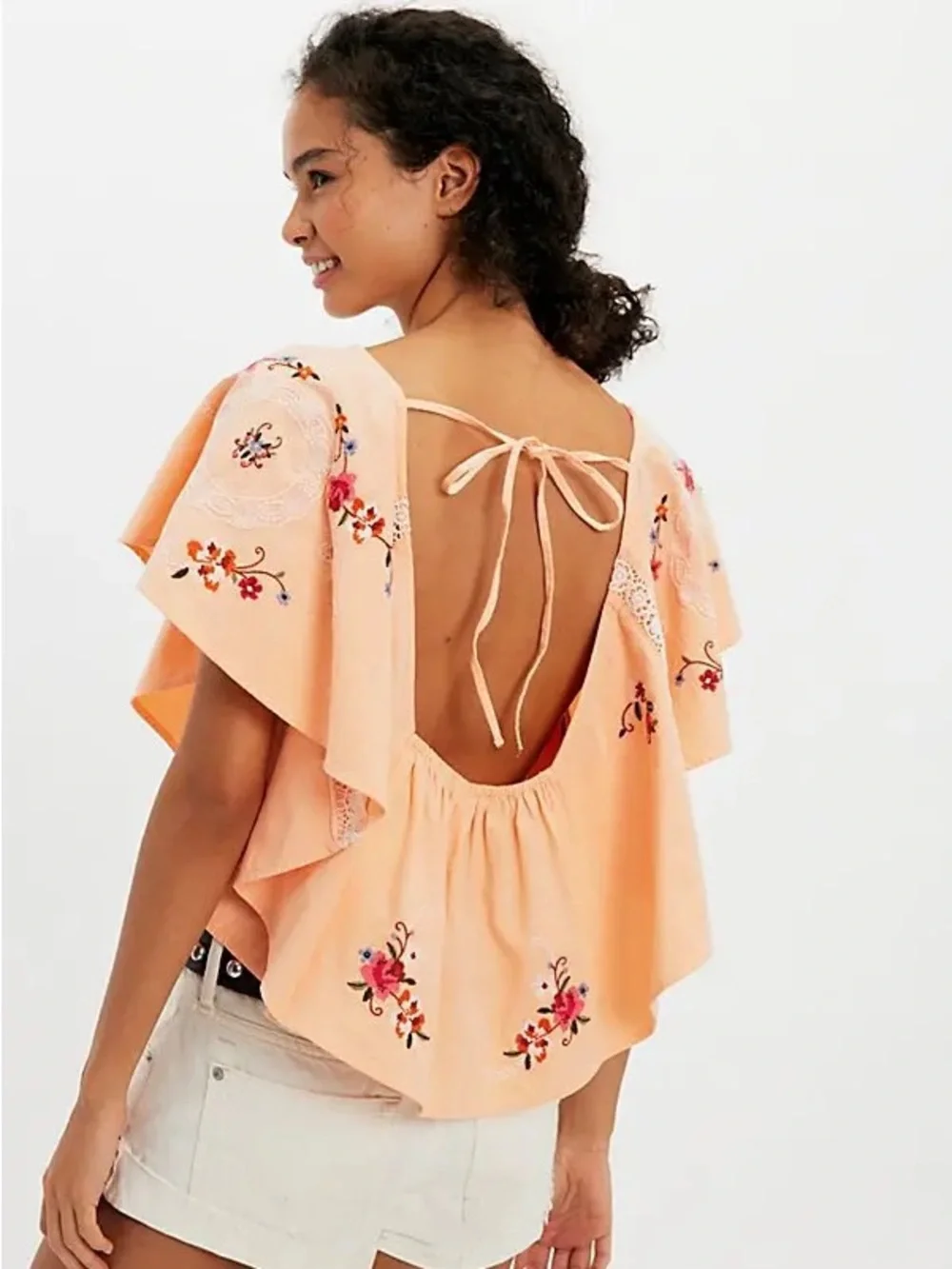Free People Peach Embroidered V-Neck Flutter Top